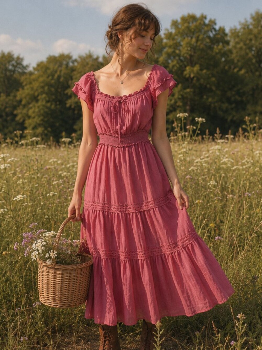 NWT Mila Mae Smocked Tiered Midi Dress Dusty Rose XS